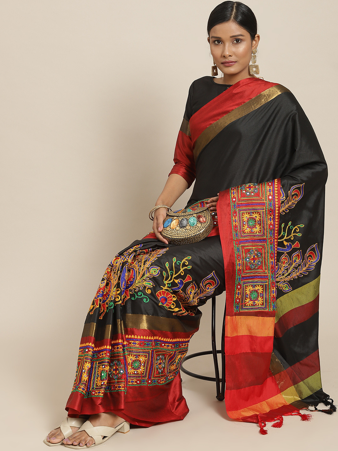 SERONA FABRICS Women Black & Red Ethnic Motifs Mirror Work Embroidered Saree