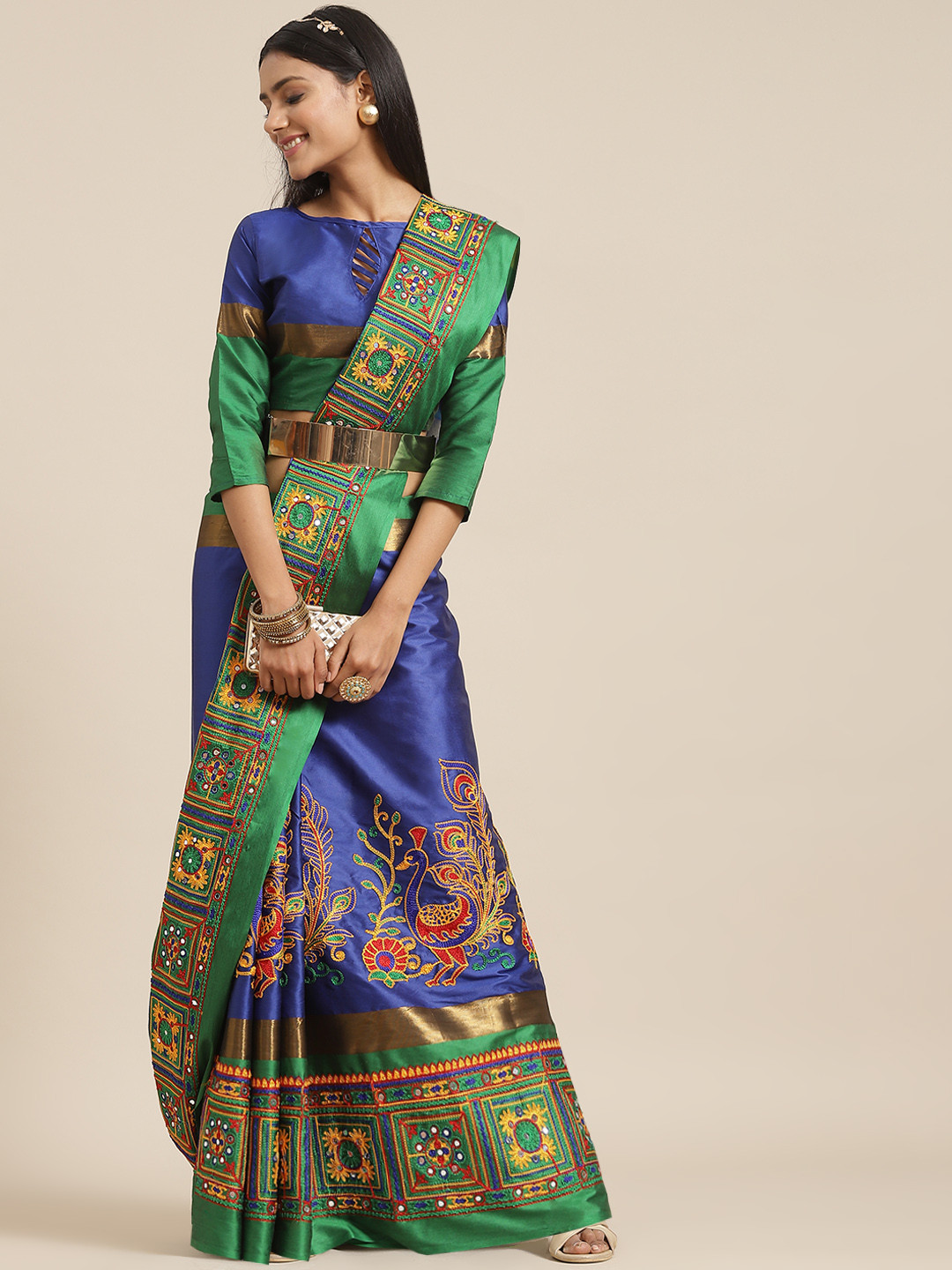 SERONA FABRICS Blue & Green Embellished Kutchi Embroidery Silk Cotton Saree