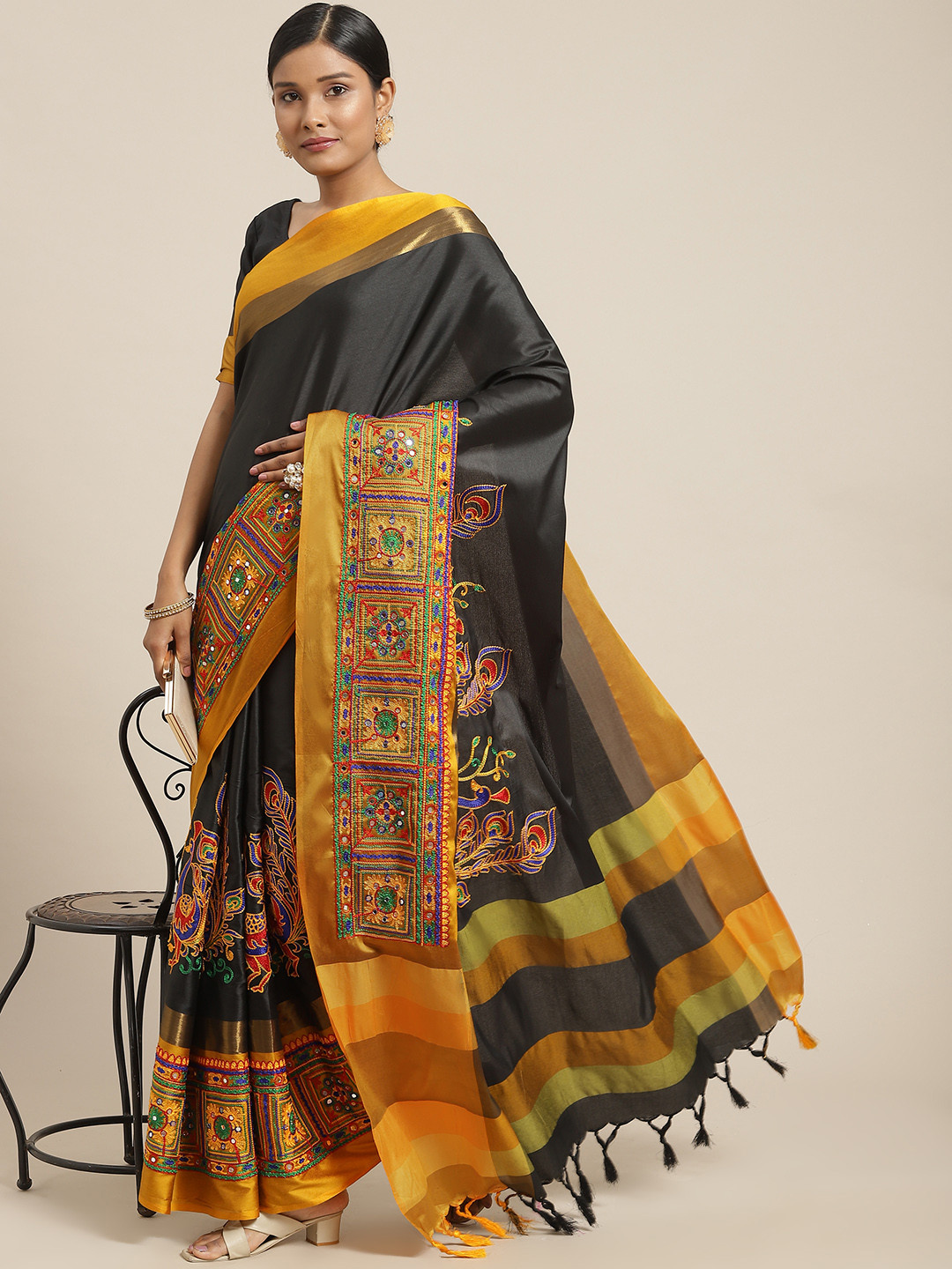 SERONA FABRICS Black & Mustard Yellow Mirror Work Embellished Kutchi Embroidery Saree