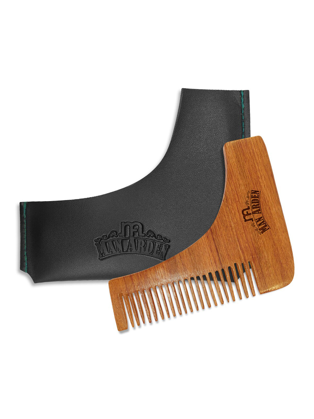 Man Arden Neem Wooden L Shaped Beard Comb with Rich Leather Pouch - Brown