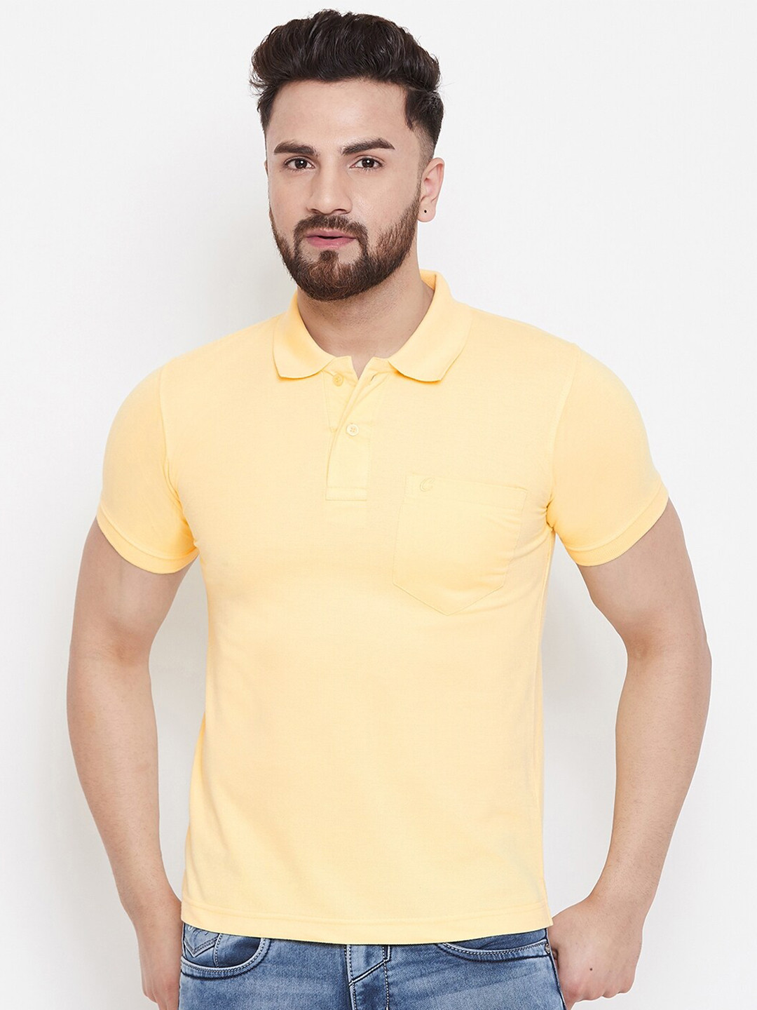 Camey Men Plus Size Yellow Polo Collar Pockets Cotton T-shirt