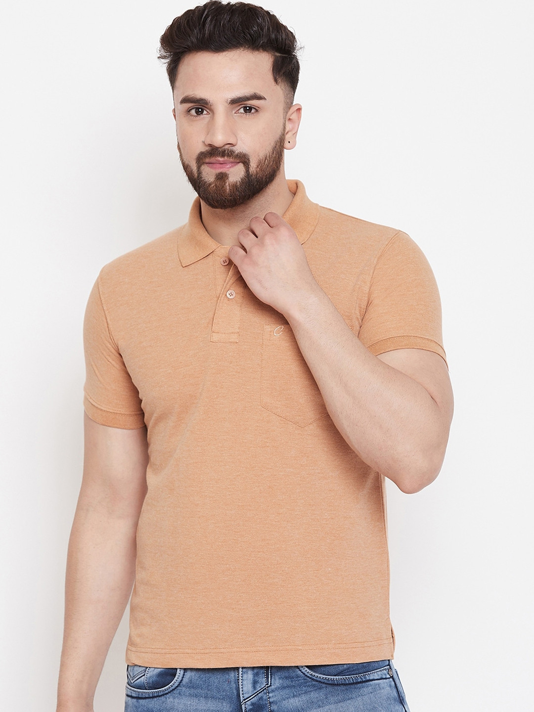 Camey Men Cream-Coloured Polo Collar Pockets Cotton T-shirt