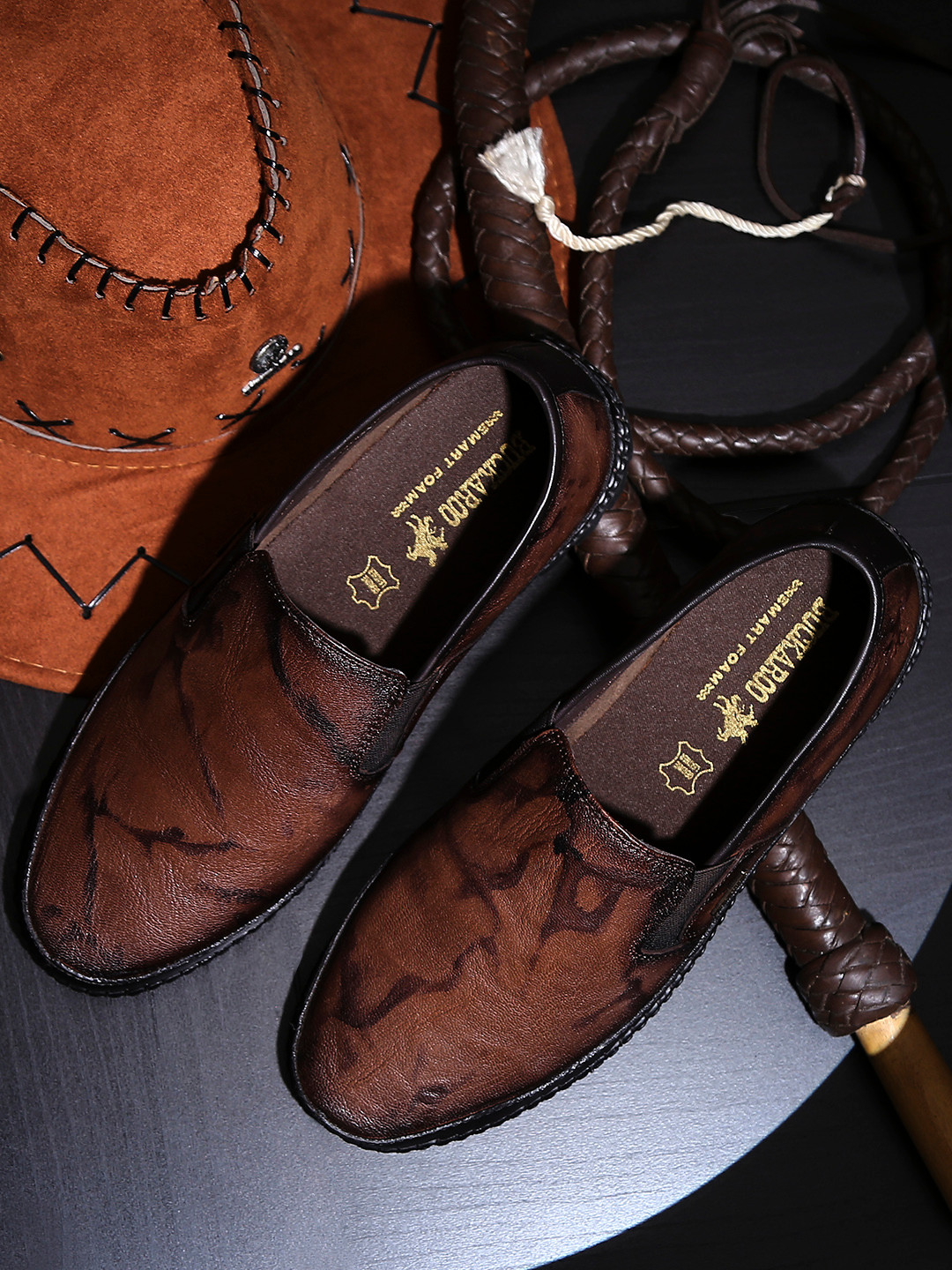 Buckaroo Men Brown Abstract Print Leather Slip-Ons