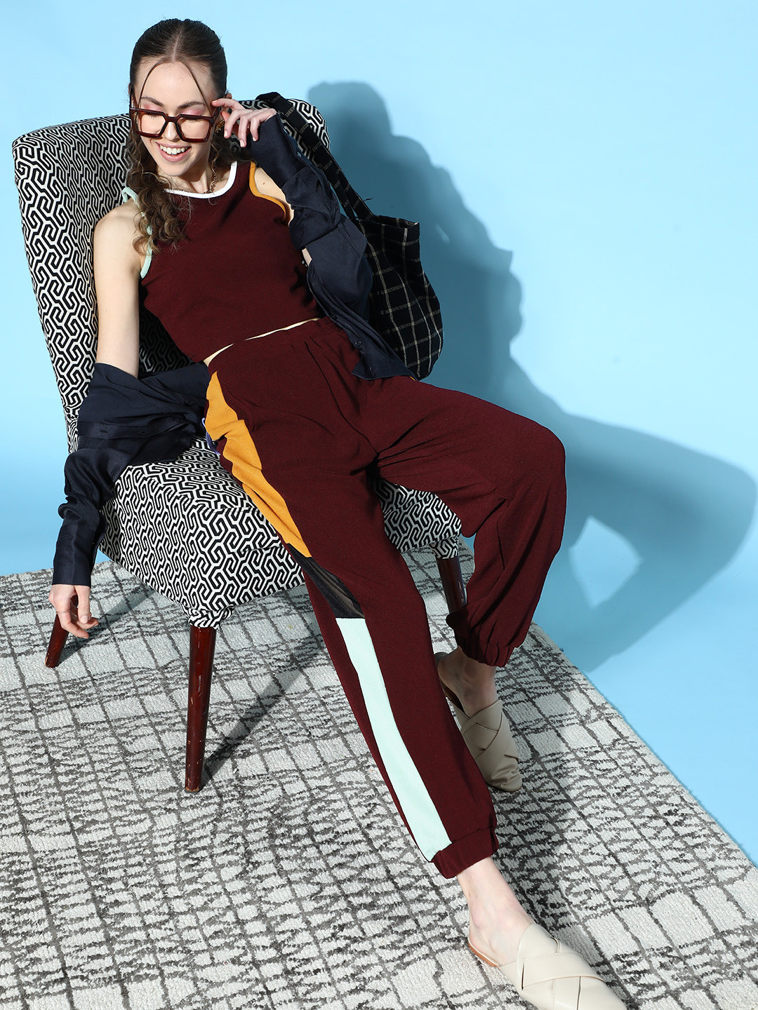 Athena Women Deep Burgundy Solid Top with Colourblocked Joggers