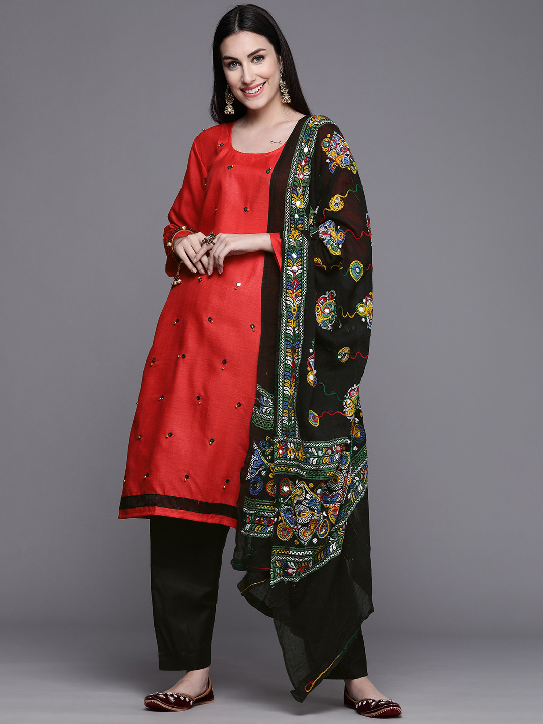 Mitera Women Red & Black Embellished Unstitched Kurta Set Material