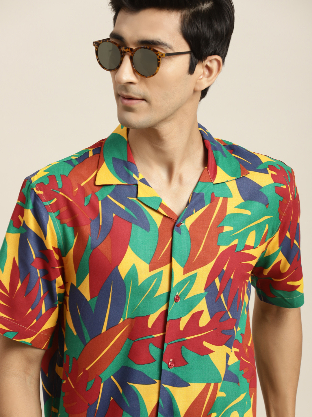 Hancock Men Yellow & Sea Green Tropical Printed Casual Shirt