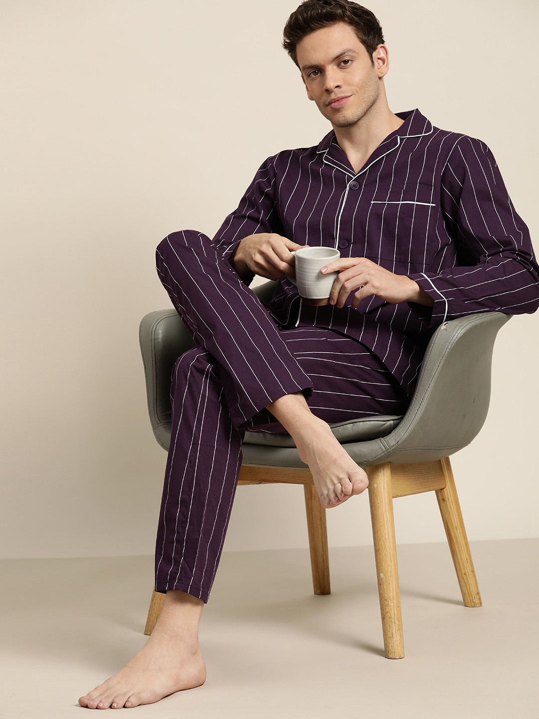 Hancock Men Purple Pure Cotton Striped Pyjama Set