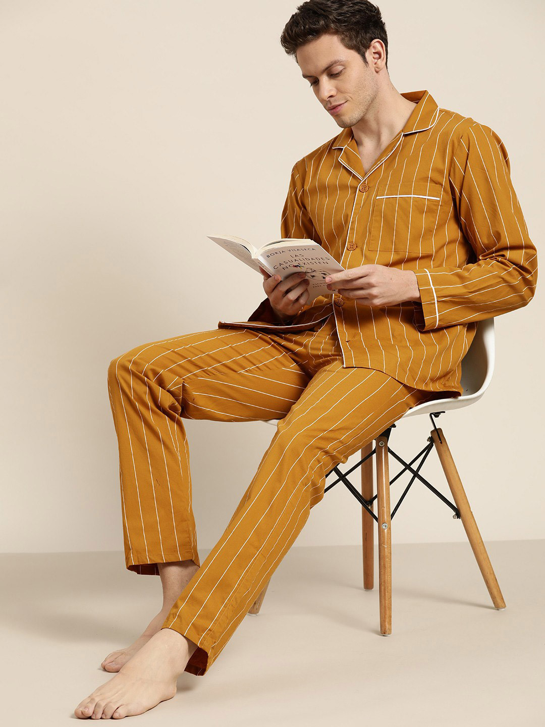 Hancock Men Mustard Yellow Pure Cotton Striped Pyjama Set