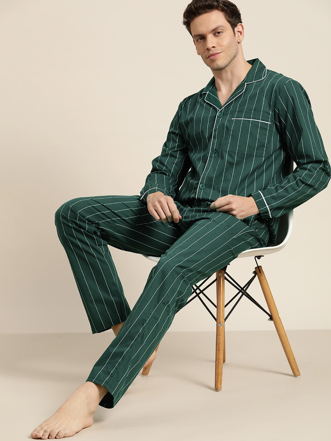 Hancock Men Bottle Green Pure Cotton Striped Pyjama Set