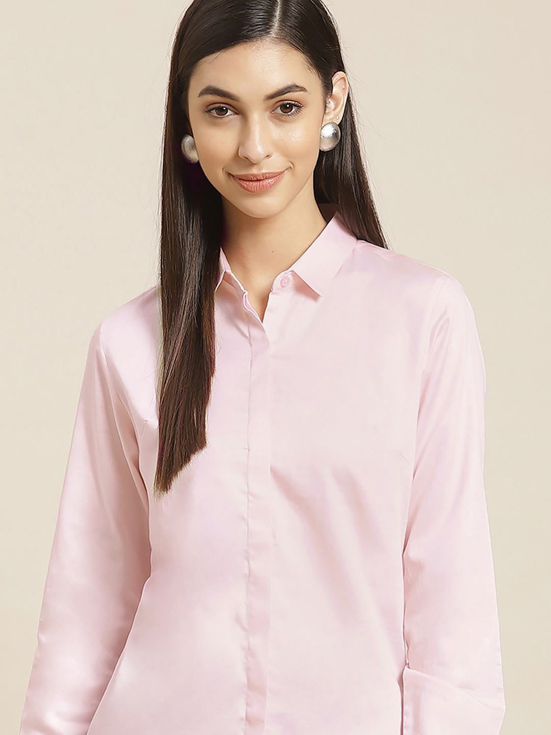 Hancock Women Pink Standard Slim Fit Pure Cotton Satin Formal Shirt