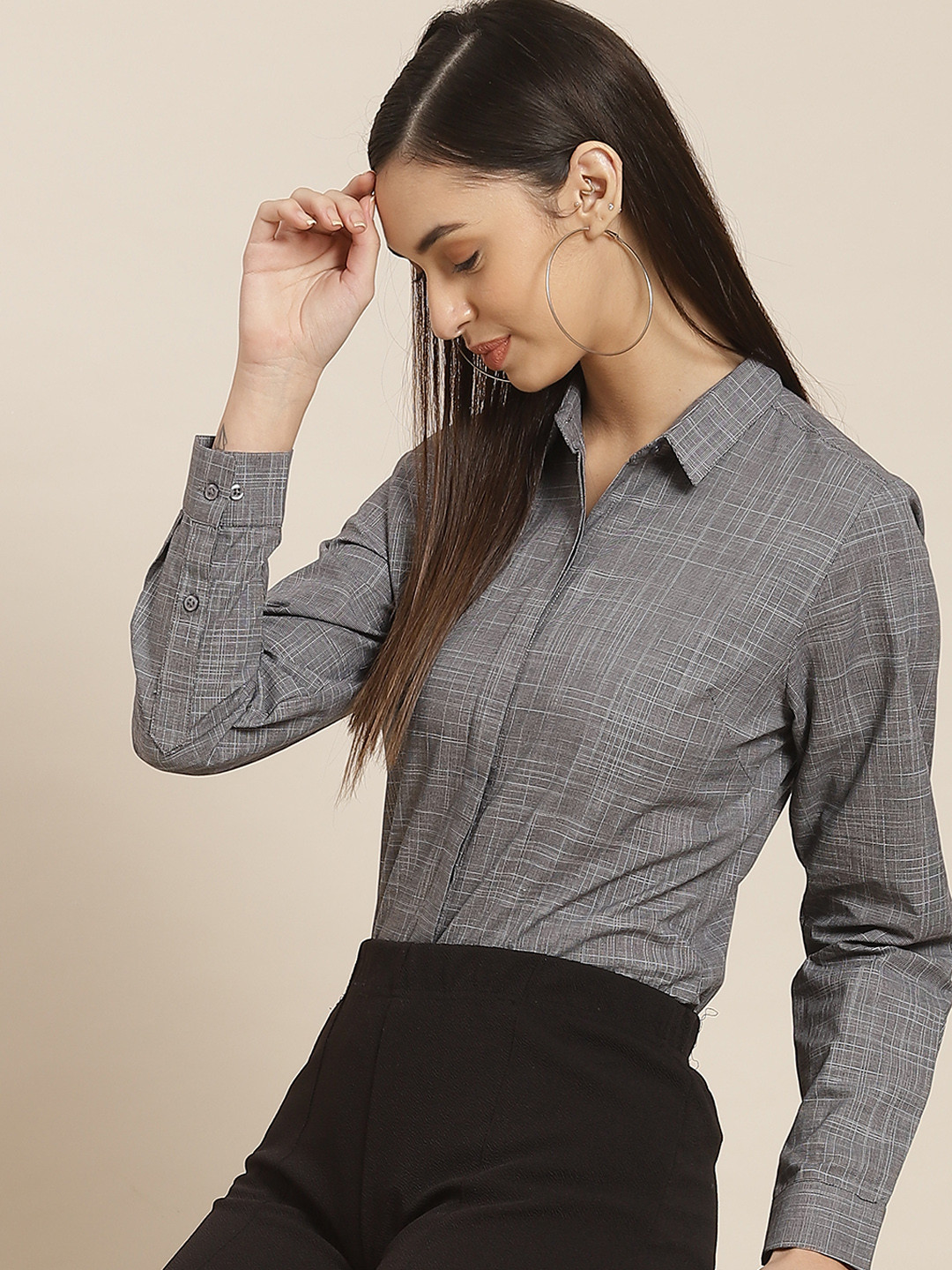Hancock Women Grey Standard Slim Fit Pure Cotton Formal Shirt