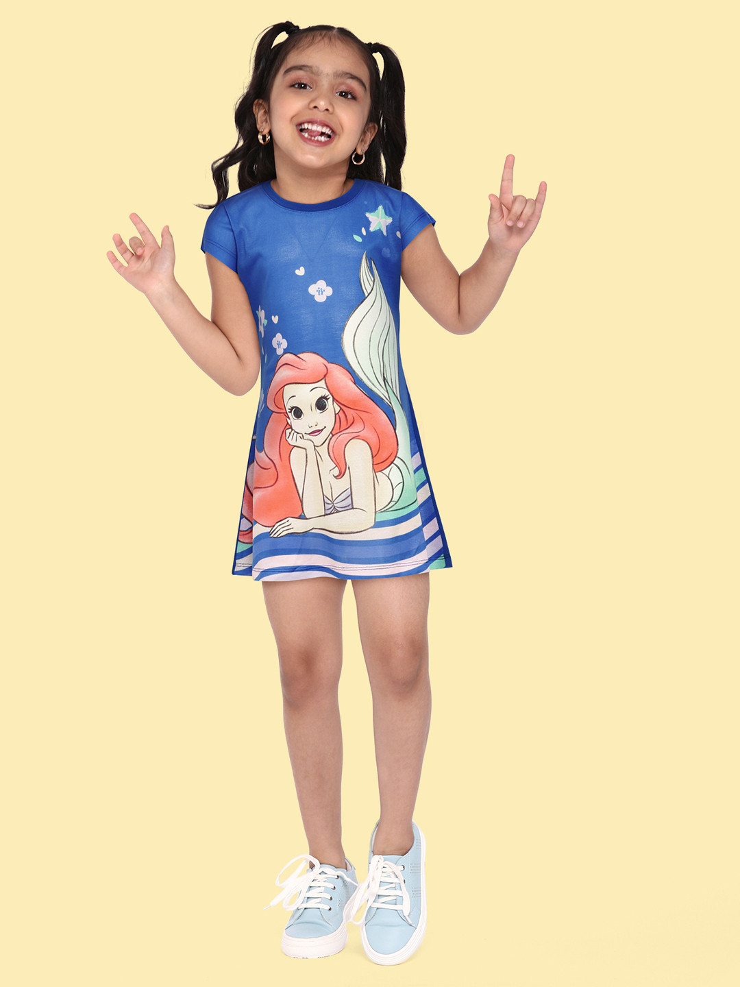 YK Disney Girls Blue & Red Ariel Print A-Line Dress