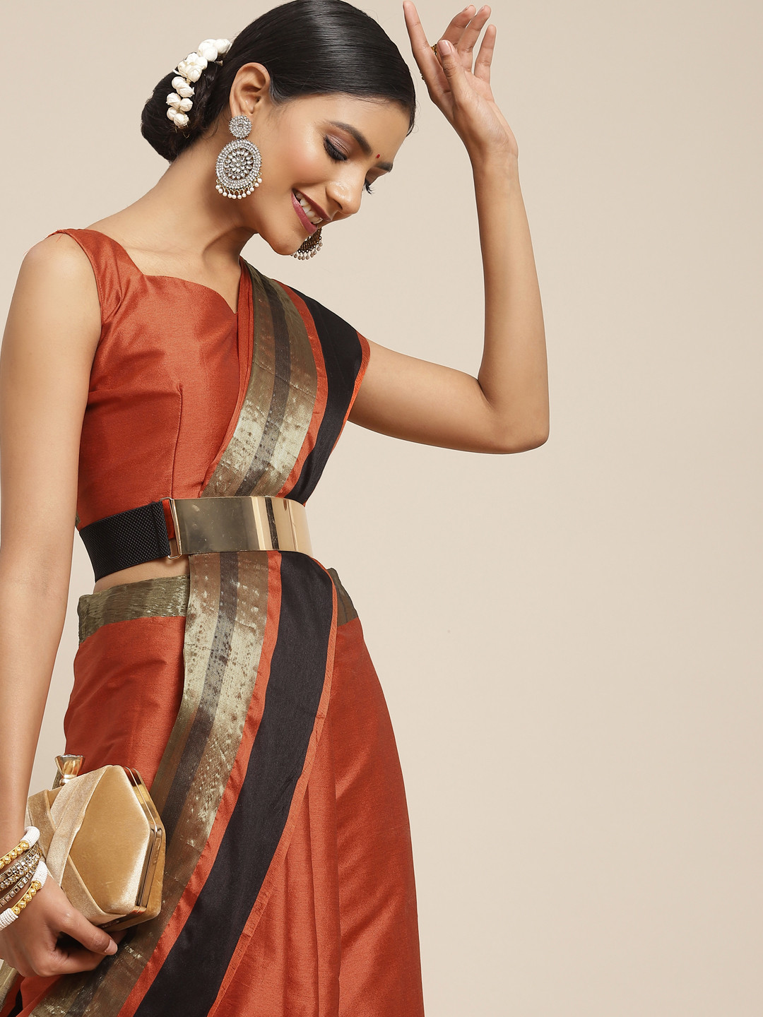 Saree mall Rust & Gold-Toned Woven Design Silk Blend Uppada Sarees