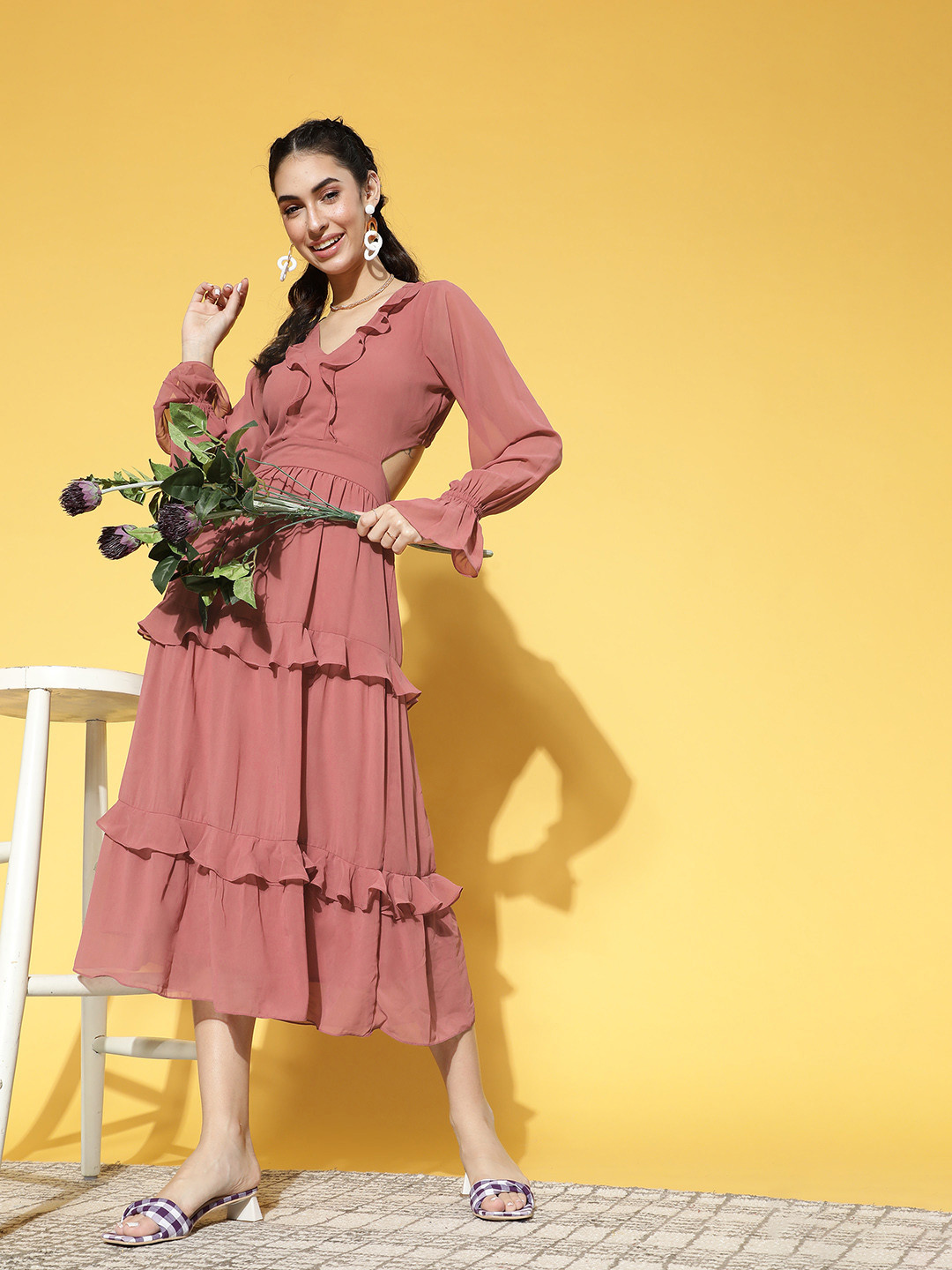 Athena Women Chic Brown Solid Volume Play Dress