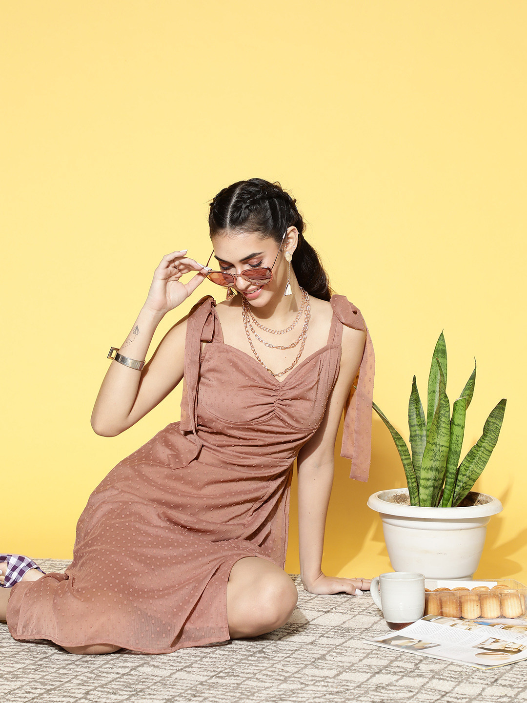 Athena Women Chic Brown Self-Design Volume Play Dress