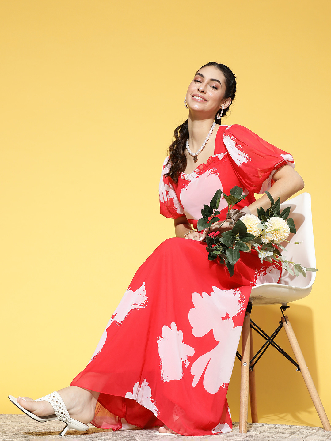 Athena Women Gorgeous Red Floral Volume Play Dress