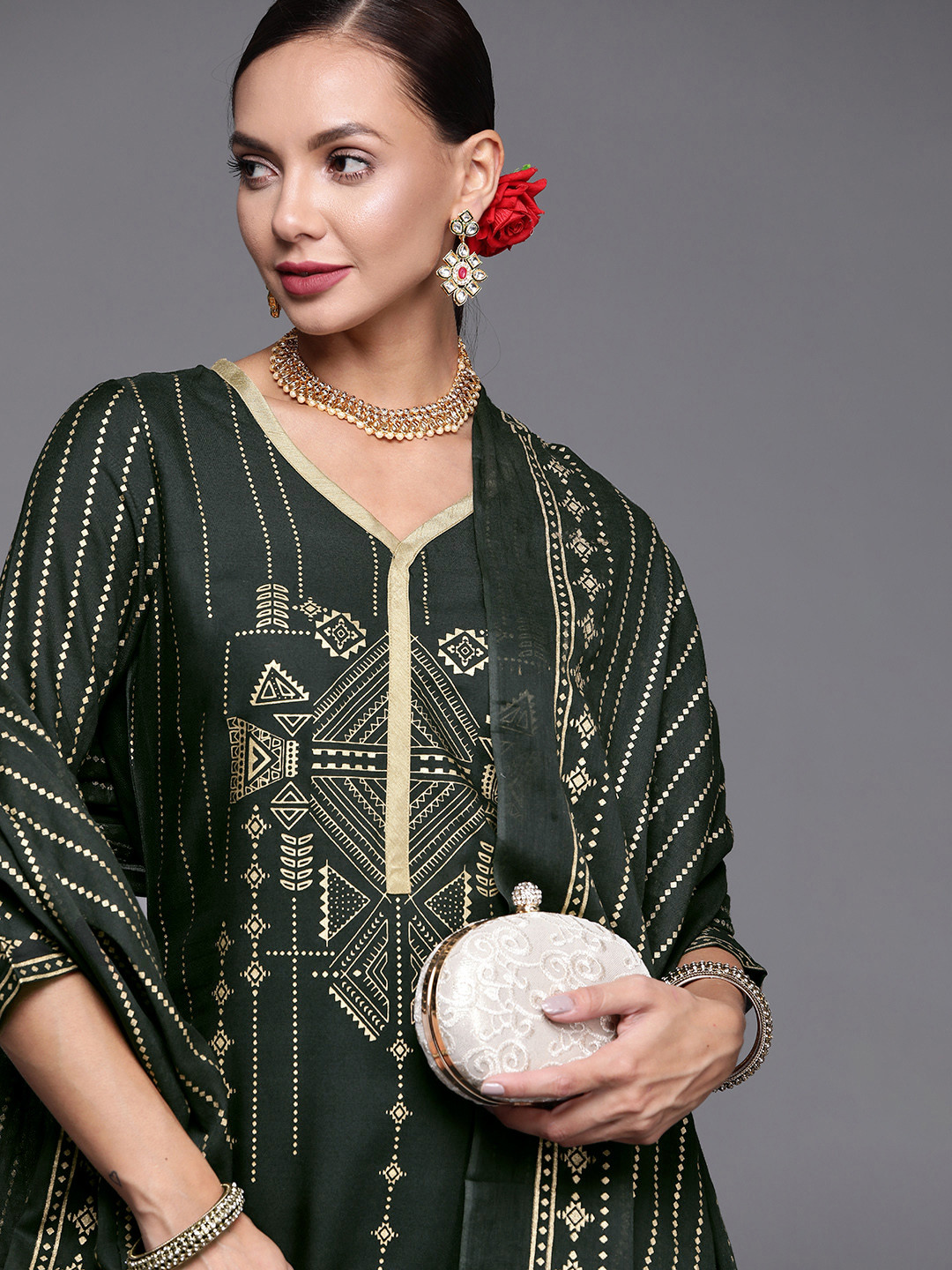 Indo Era Women Green Foil Printed Kurta with Trousers & With Dupatta