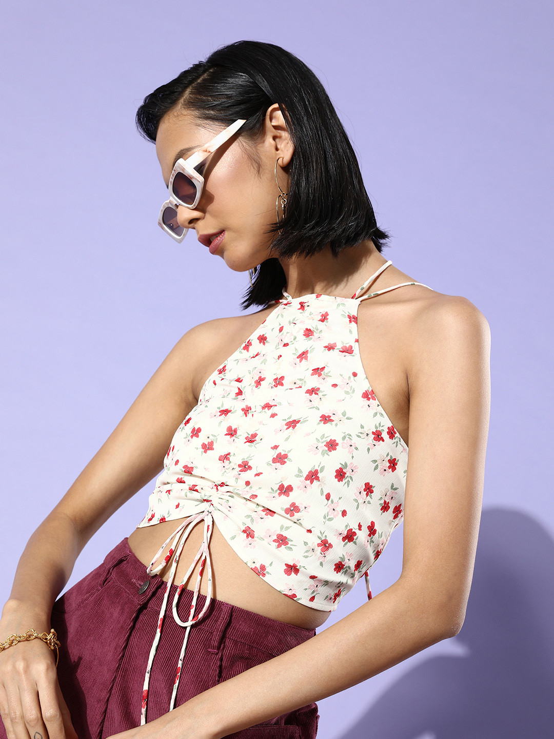 EVERYDAY by ANI Women Classic White Floral Halter Neck Top