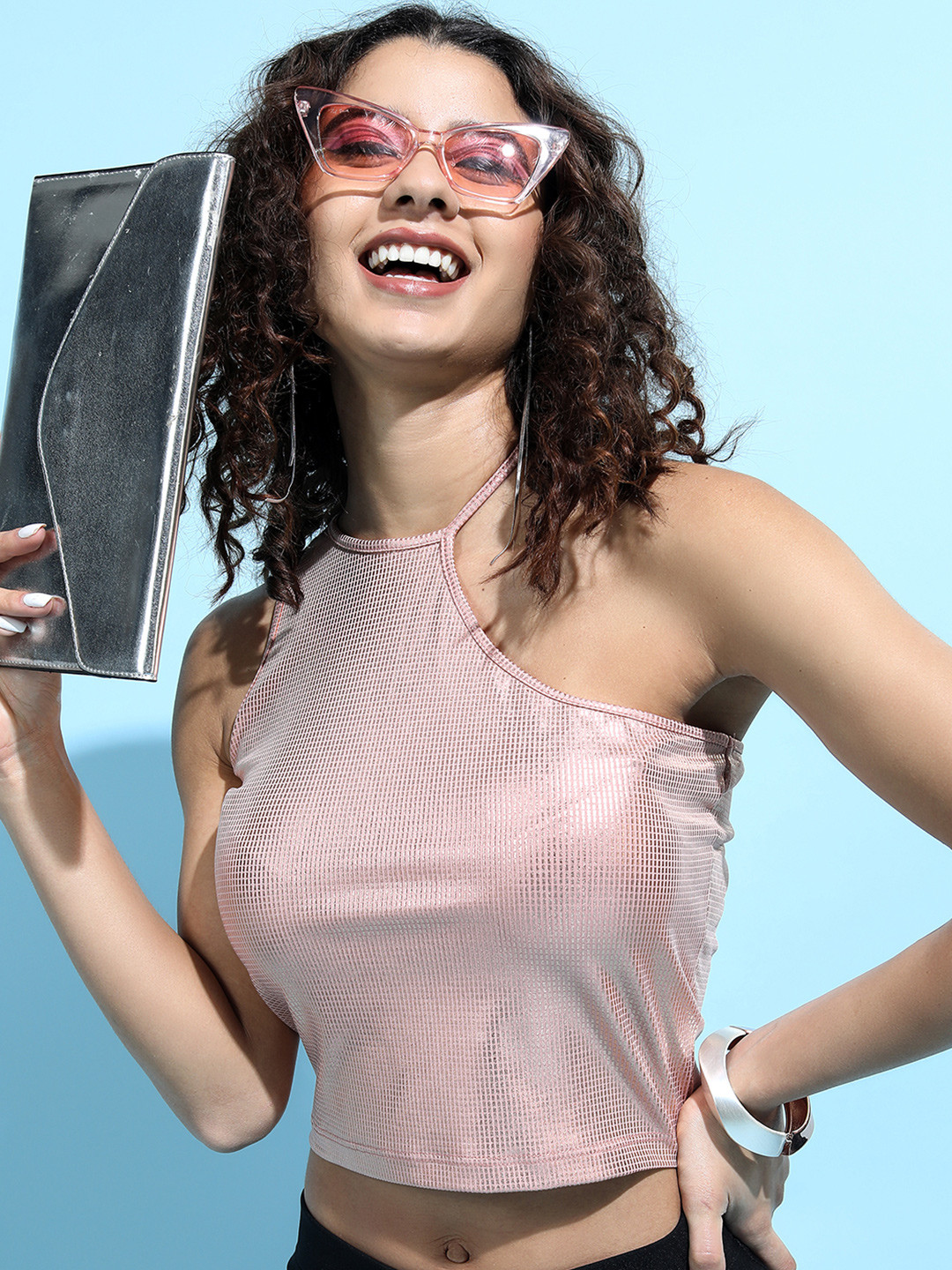 Tokyo Talkies Pink Halter Neck Crop Top