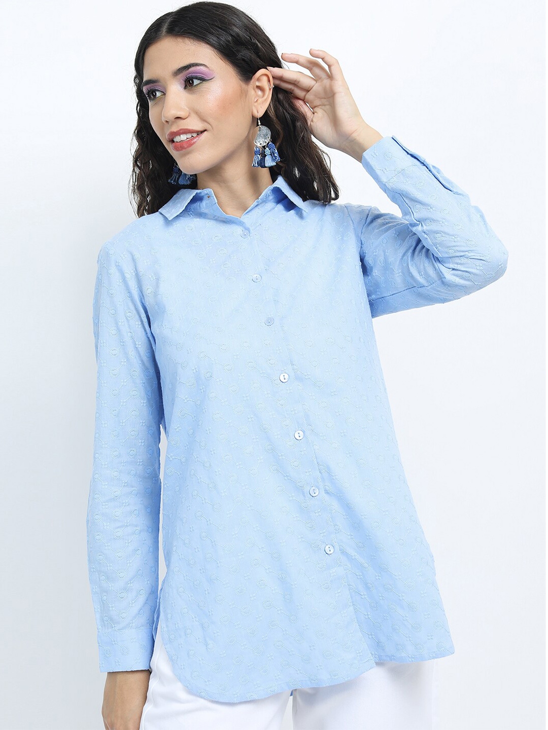 Buy Tokyo Talkies Women Blue Solid Longline Casual Shirt - Shirts