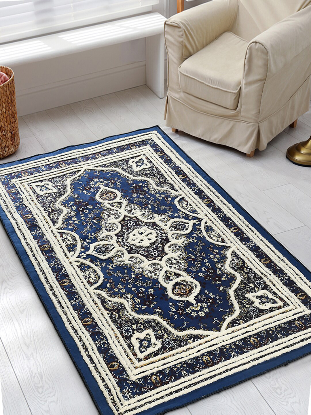 AAZEEM Navy Blue & Off-White Traditional Printed Anti-Skid Carpet