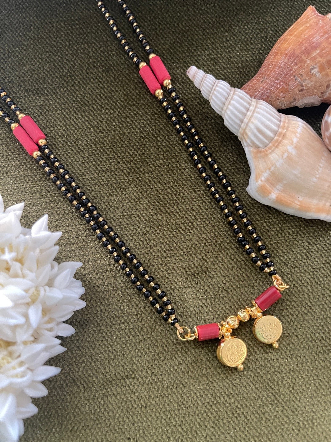 Digital Dress Room Gold-Plated Red & Black Beaded Lakshmi Long Mangalsutra