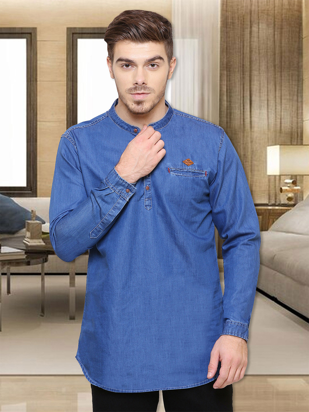 Kuons Avenue Men Blue Denim Short Kurta
