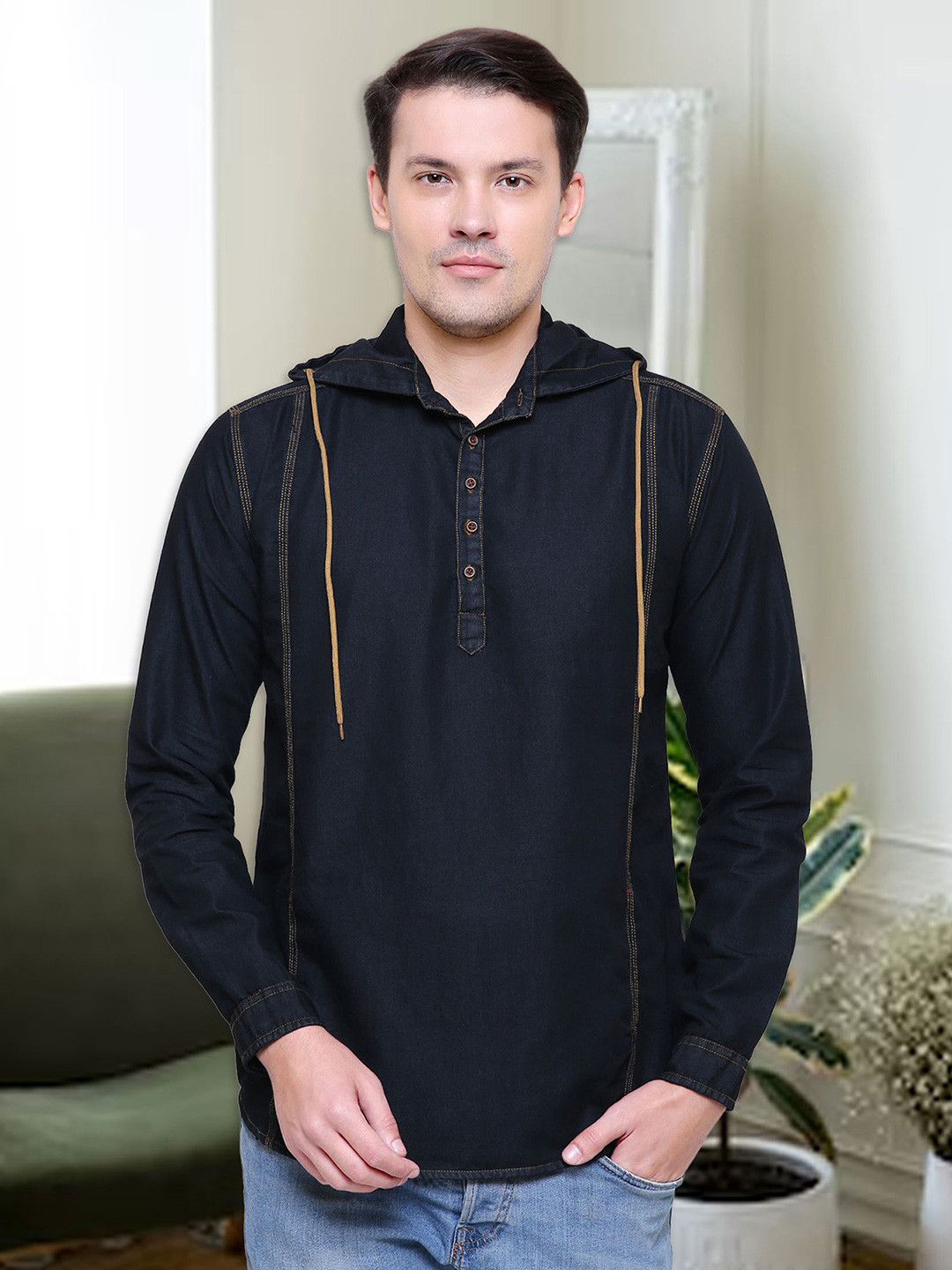 Kuons Avenue Men Black Thread Work Hooded Denim Kurta