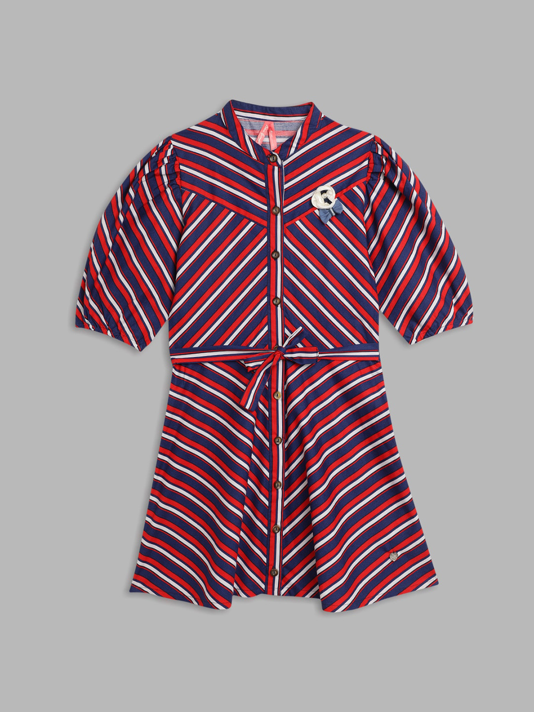 Blue Giraffe Girls Red & Navy Blue Striped Cotton Shirt Dress