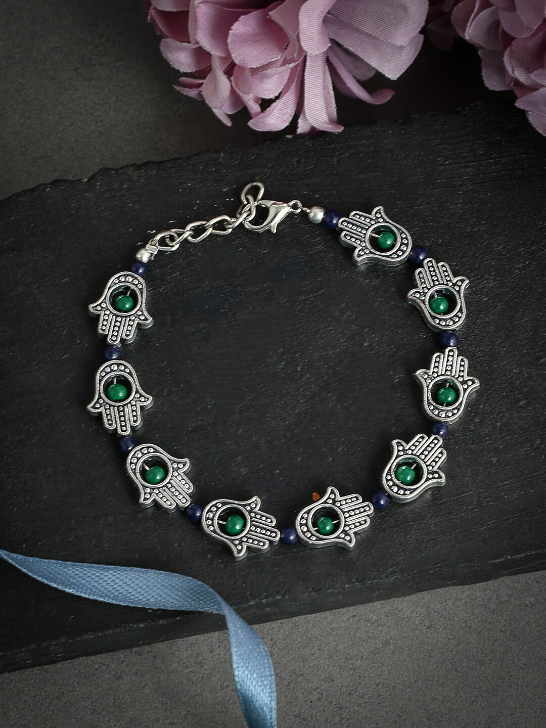 Silvermerc Designs Oxidised Silver-Plated Green & Purple Beaded Anklet