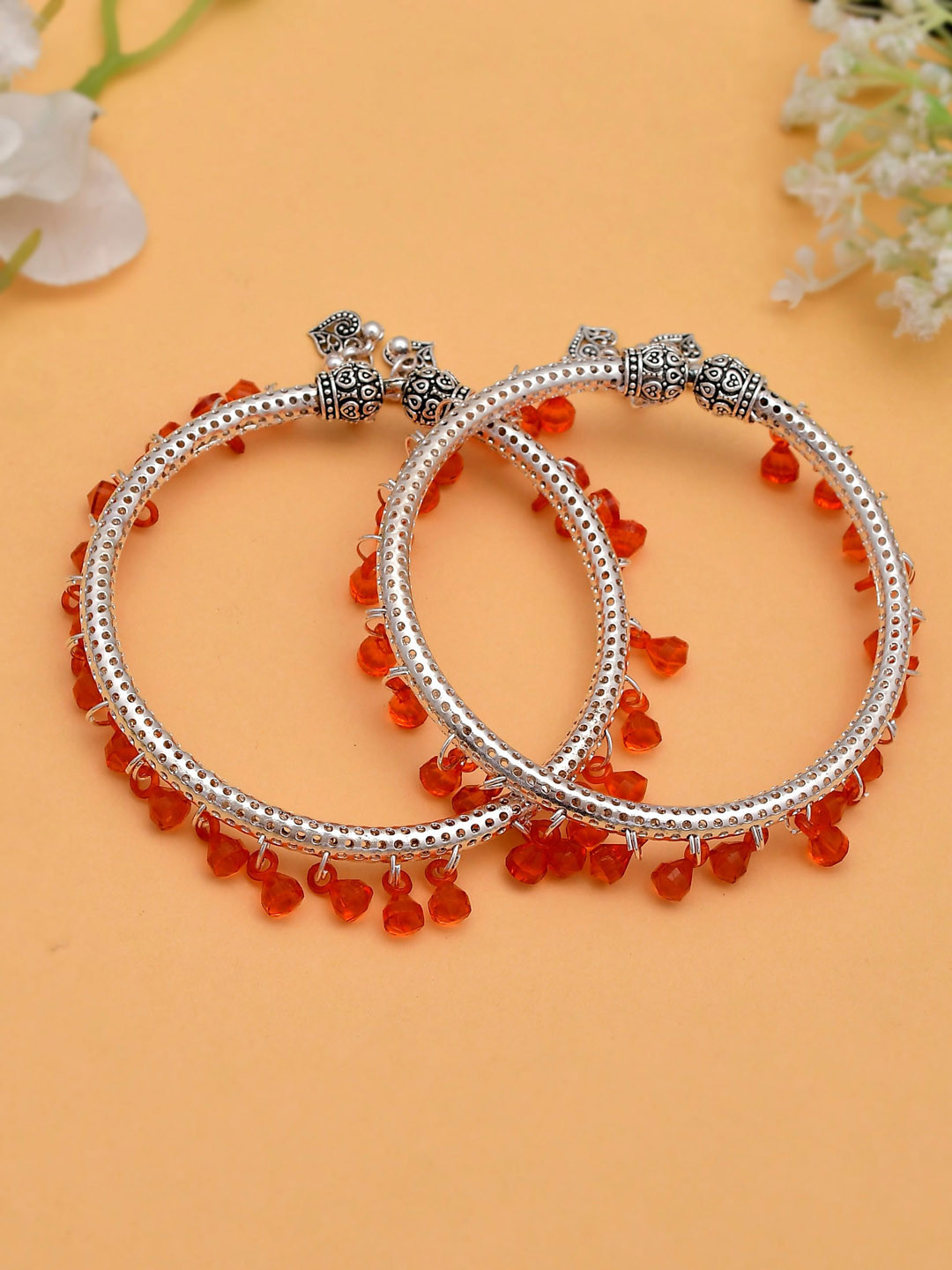 Silvermerc Designs Silver Plated & Orange Beaded kada Anklet