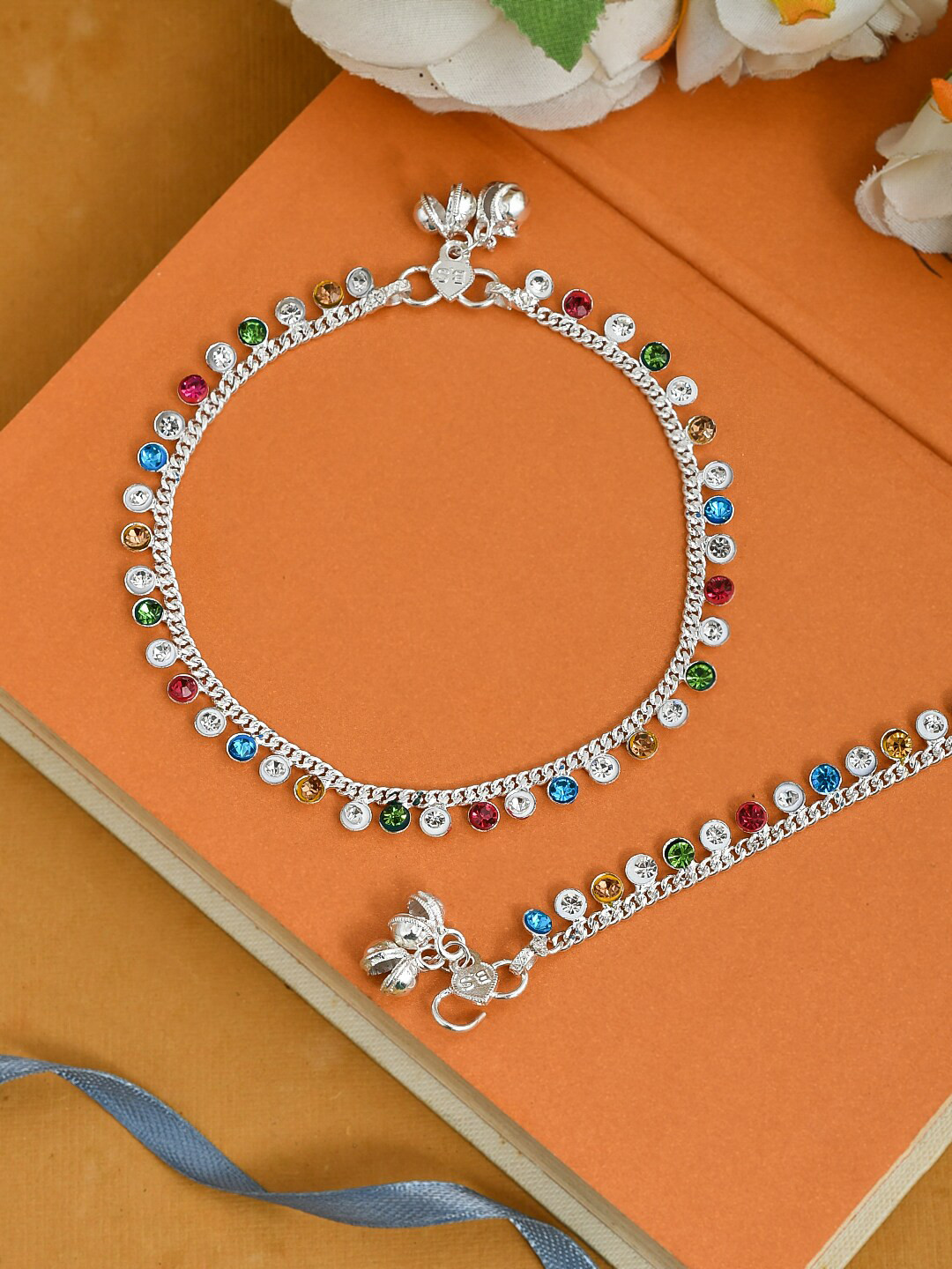 Silvermerc Designs Women Silver-Plated Red & Blue Stone Studded Anklet