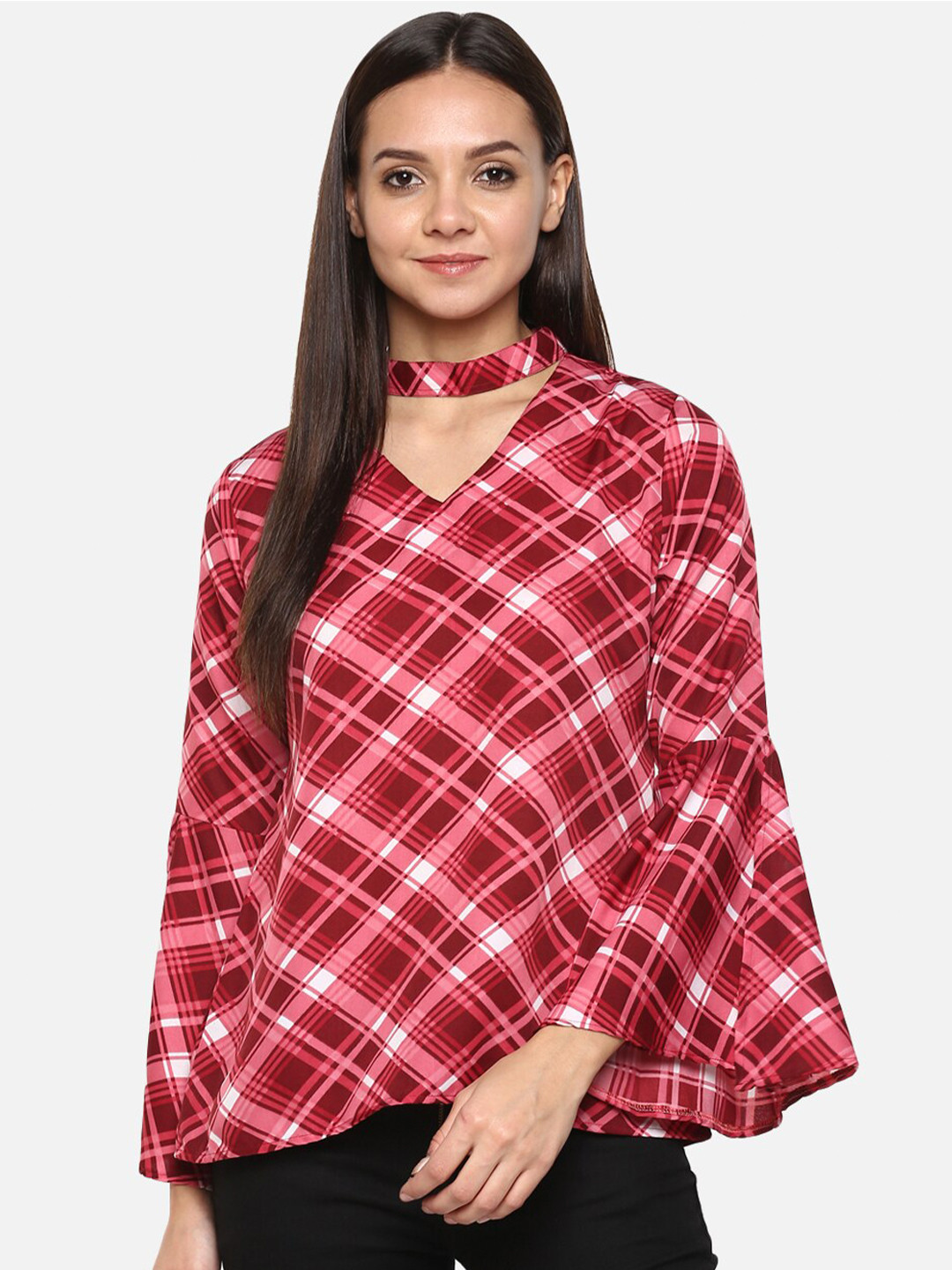 Indietoga Pink Checked Crepe Wrap Top