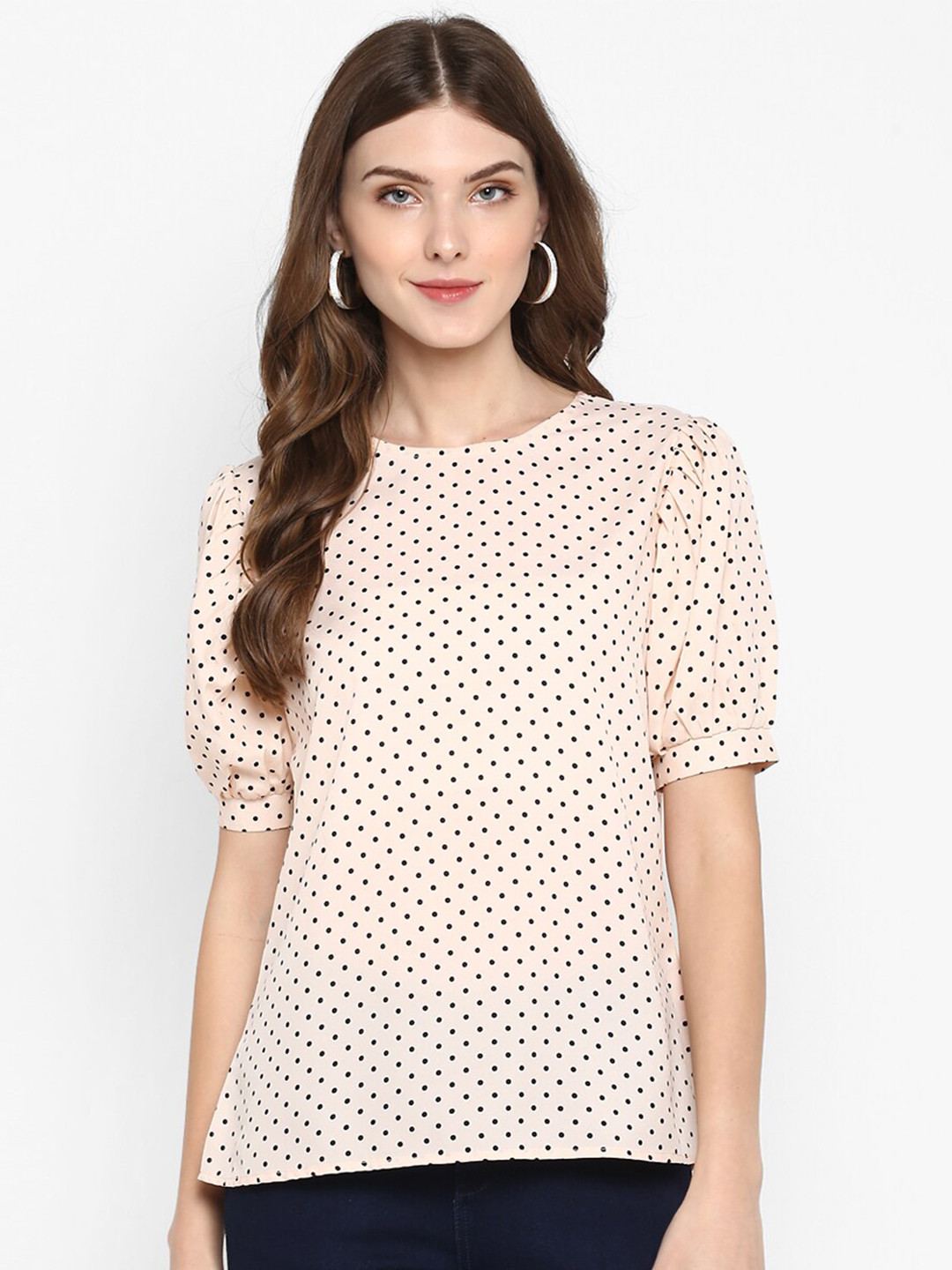 Indietoga Peach-Coloured Polka Dots Crepe Top