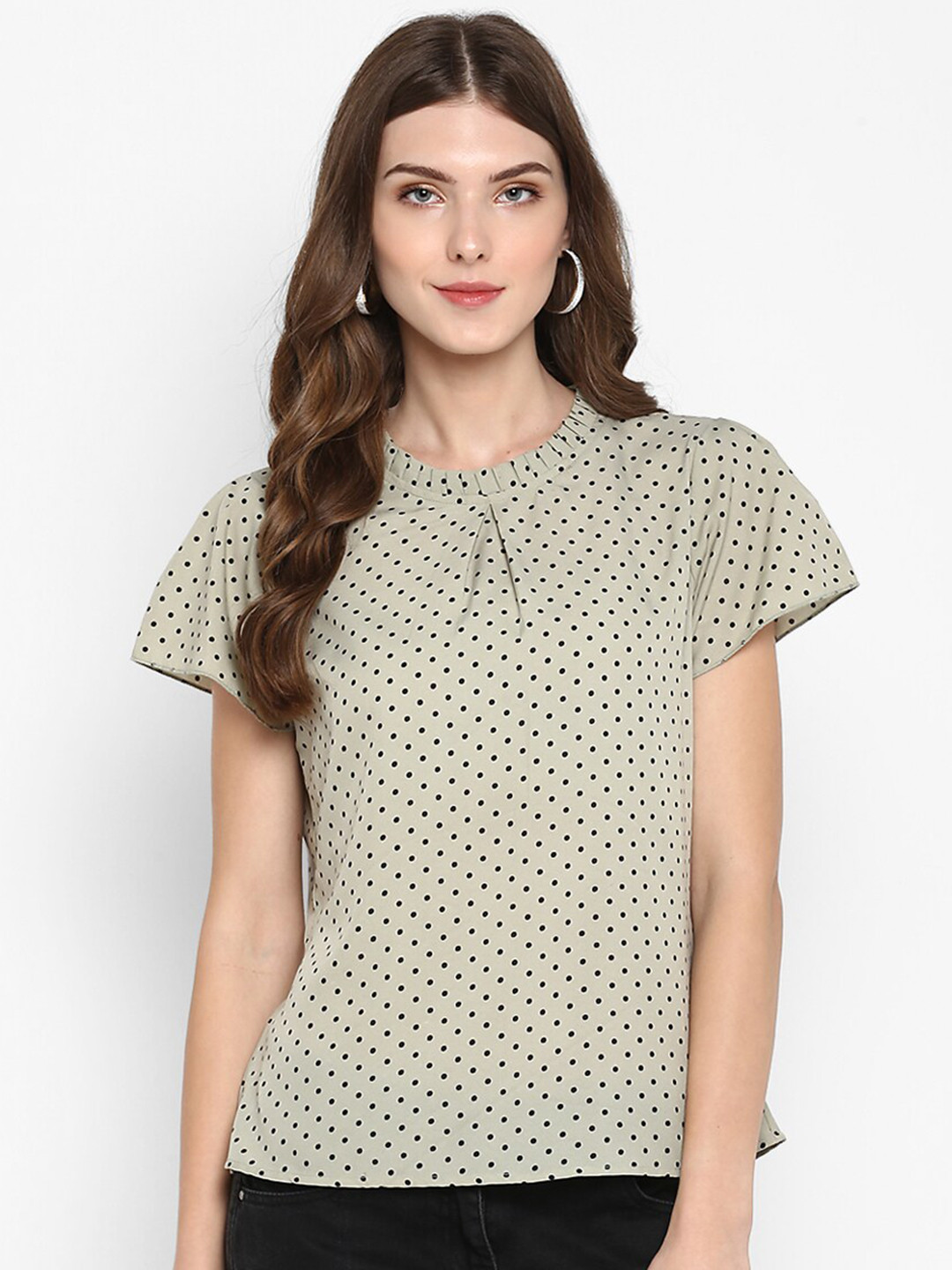 Indietoga Women Mint Green & Black Polka Dots Printed Crepe Top