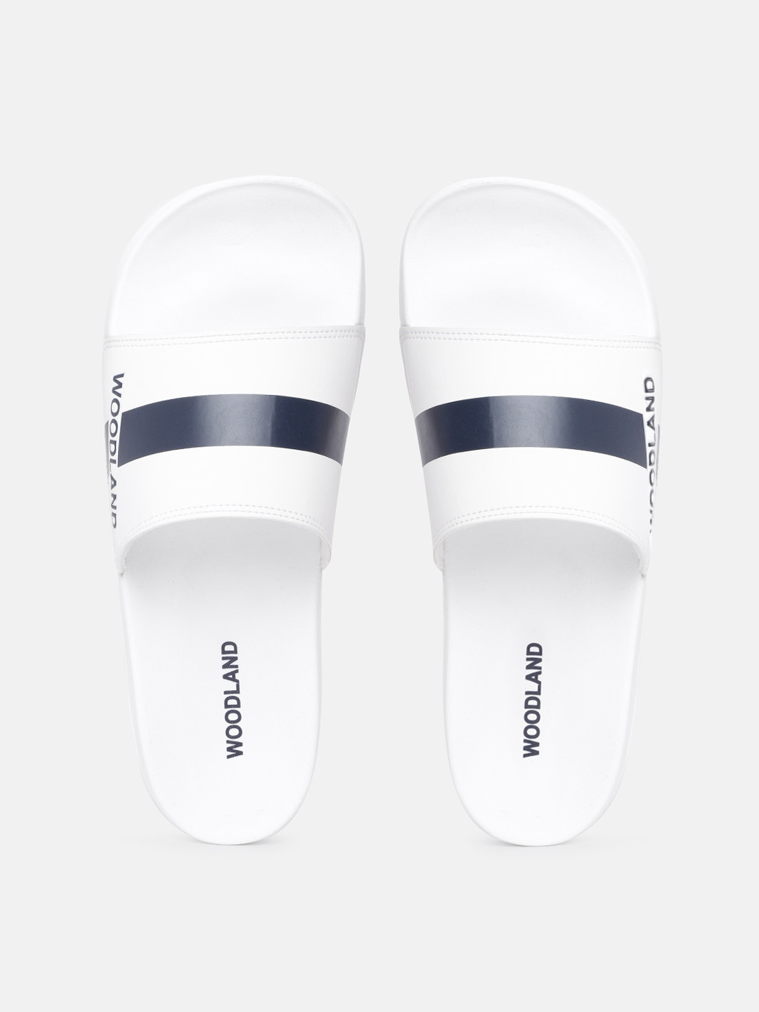 Woodland Men White & Navy Blue Striped & Brand Logo Print Shock-Resistance Sliders