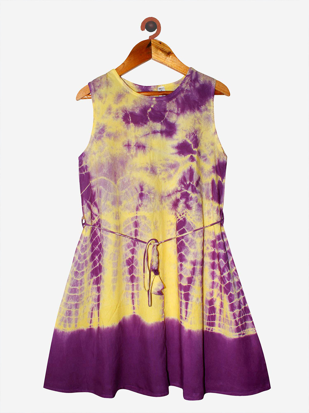 KiddoPanti Yellow & Purple Tie & Dye A-Line Dress With Belt