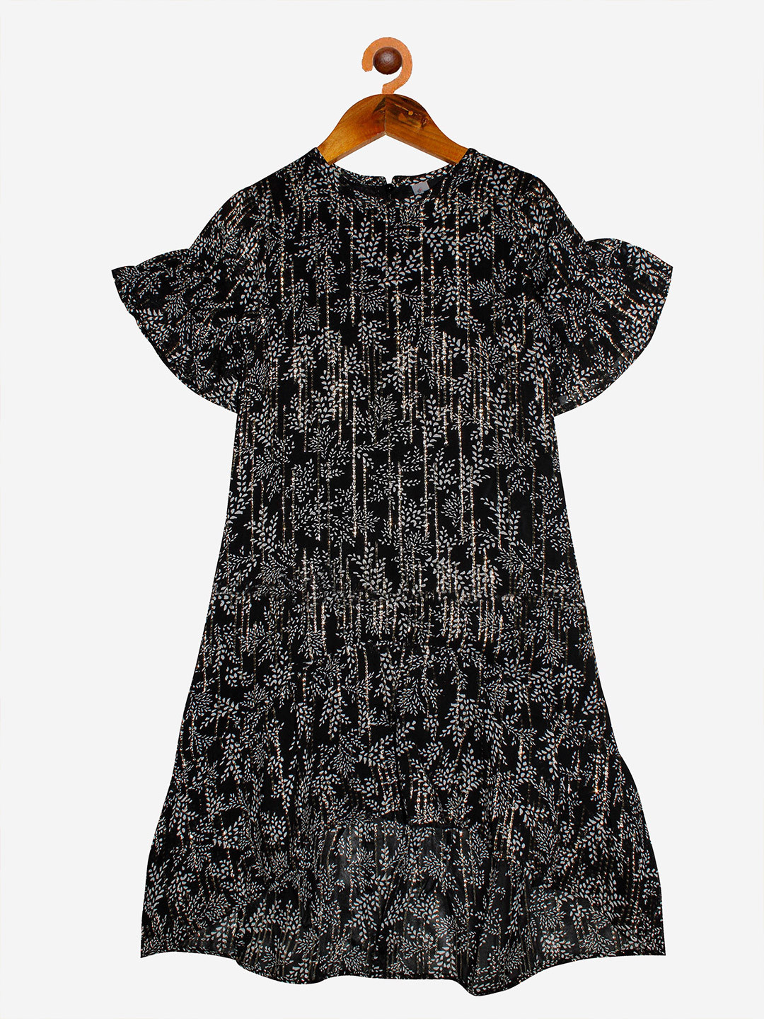 KiddoPanti Girls Black Petals Printed Layered A-Line Dress