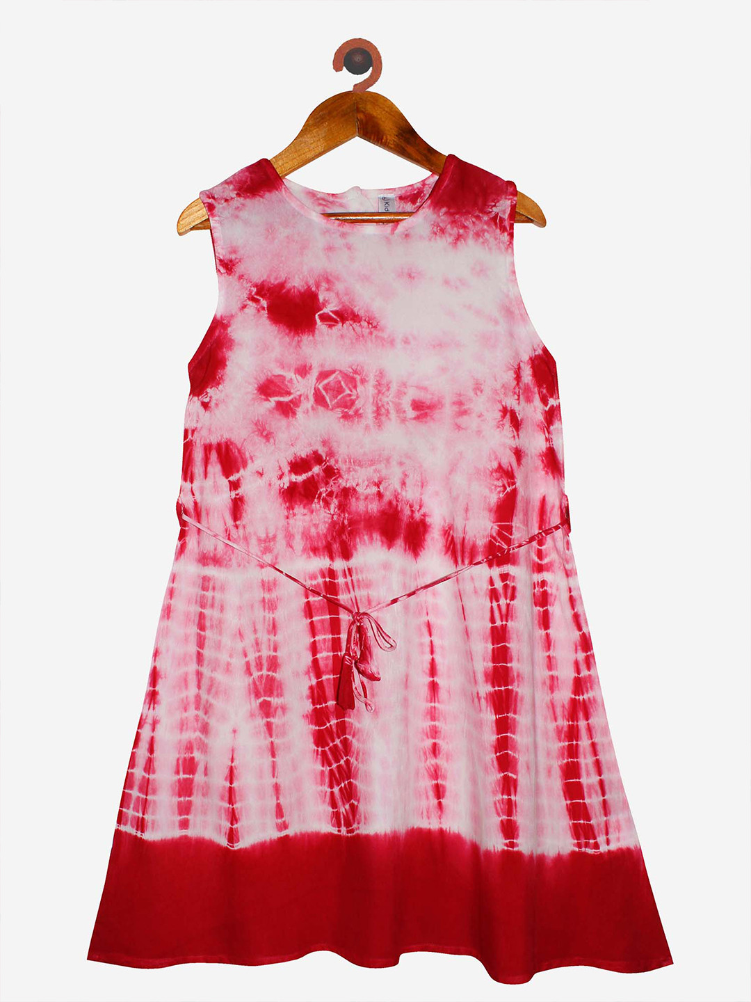 KiddoPanti Girls Pink & White Tie and Dye Dyed A-Line Dress With Dori