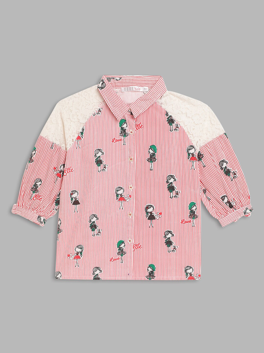 ELLE Red & Green Print Lace Inserts Pure Cotton Shirt Style Top