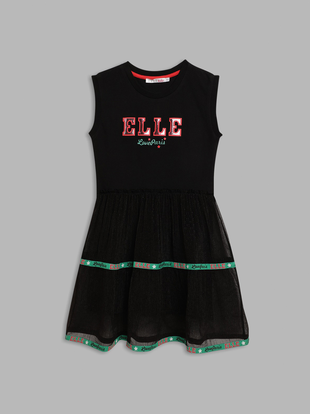 ELLE Girls Black Printed Sequin Cotton Dress