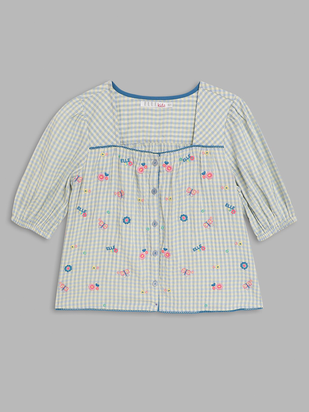 ELLE Blue & White Checked Embroidered Pure Cotton Top