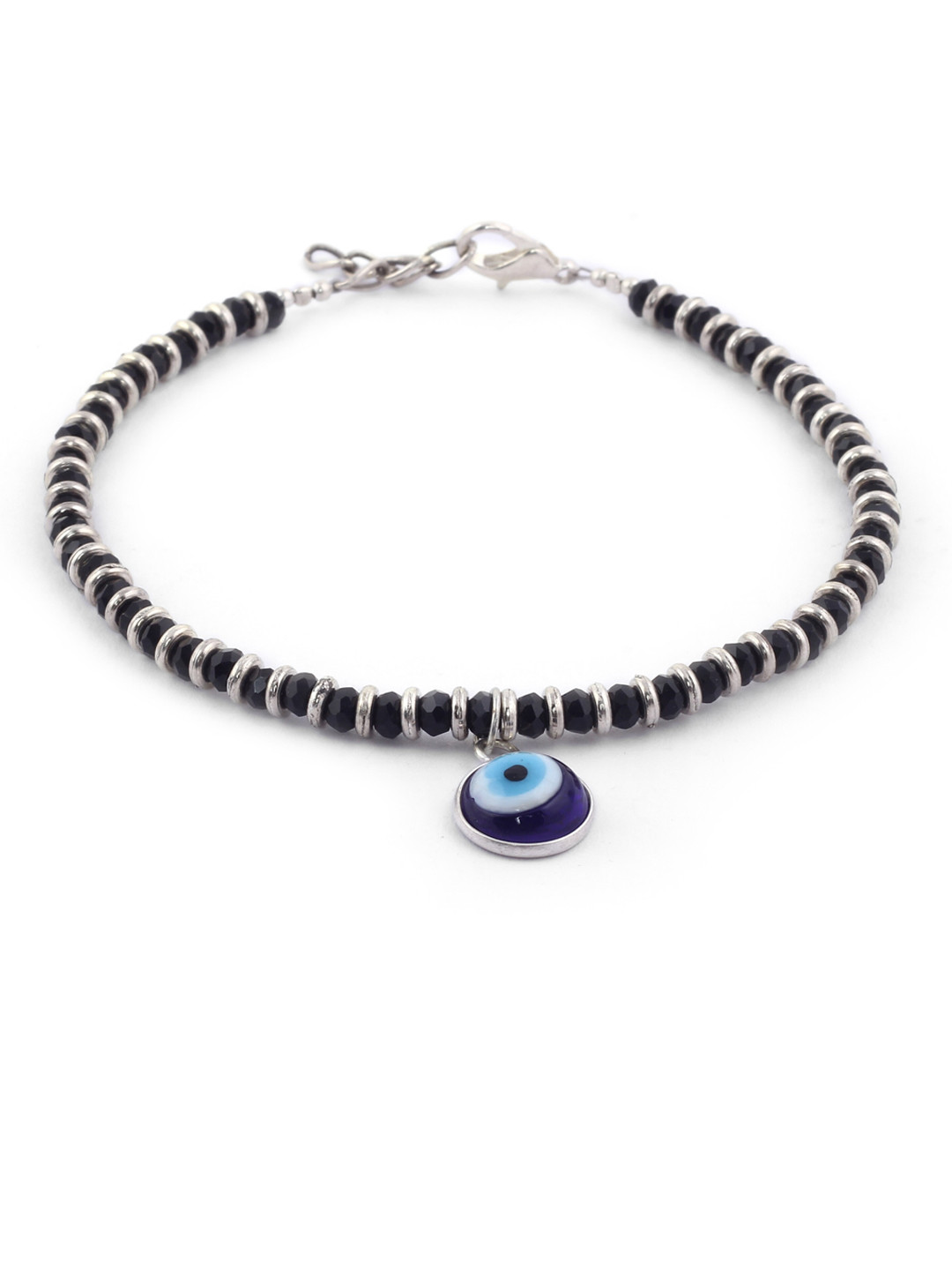 EL REGALO Set of 2 German Silver Black Beaded Evil Eye Charm Motif Anklets