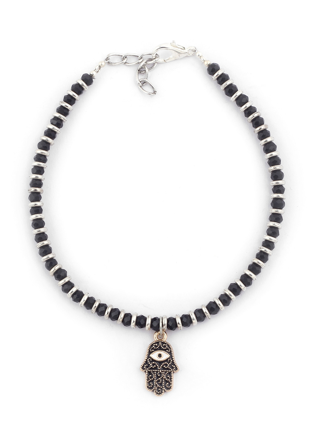 EL REGALO Black Beaded German Silver Evil Eye Hamsa Anklet