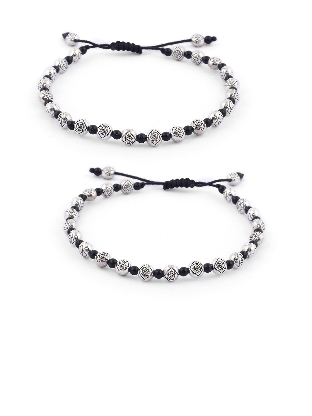EL REGALO Set Of 2 Silver-Toned & Black Beaded Anklet