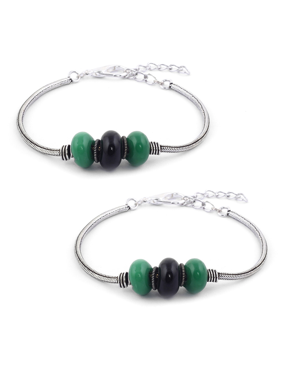 EL REGALO Set Of 2 German Silver & Green Anklet