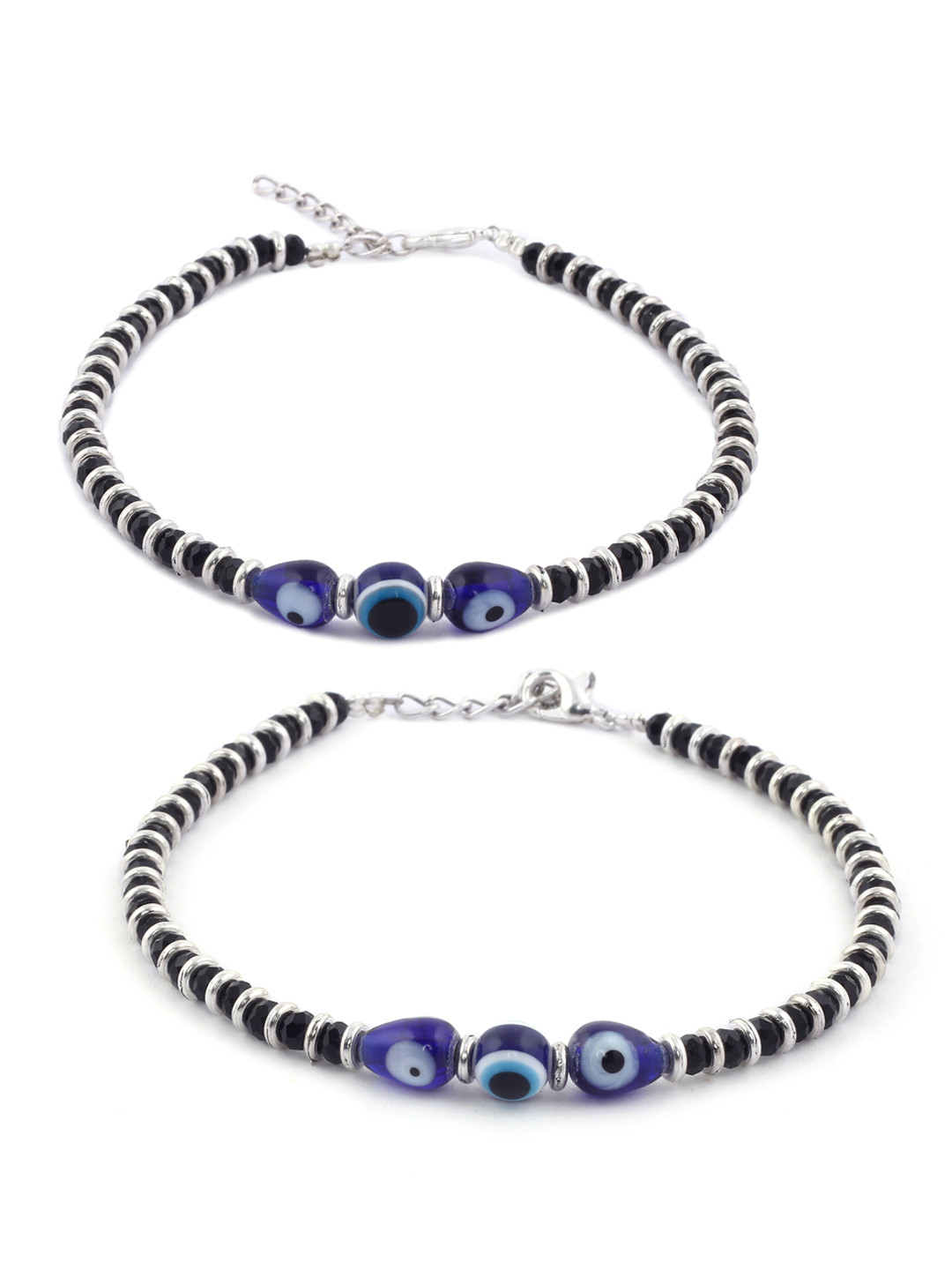 EL REGALO Set Of 2 Silver-Toned & Black Beaded Evil Eye-Nazaria Anklet