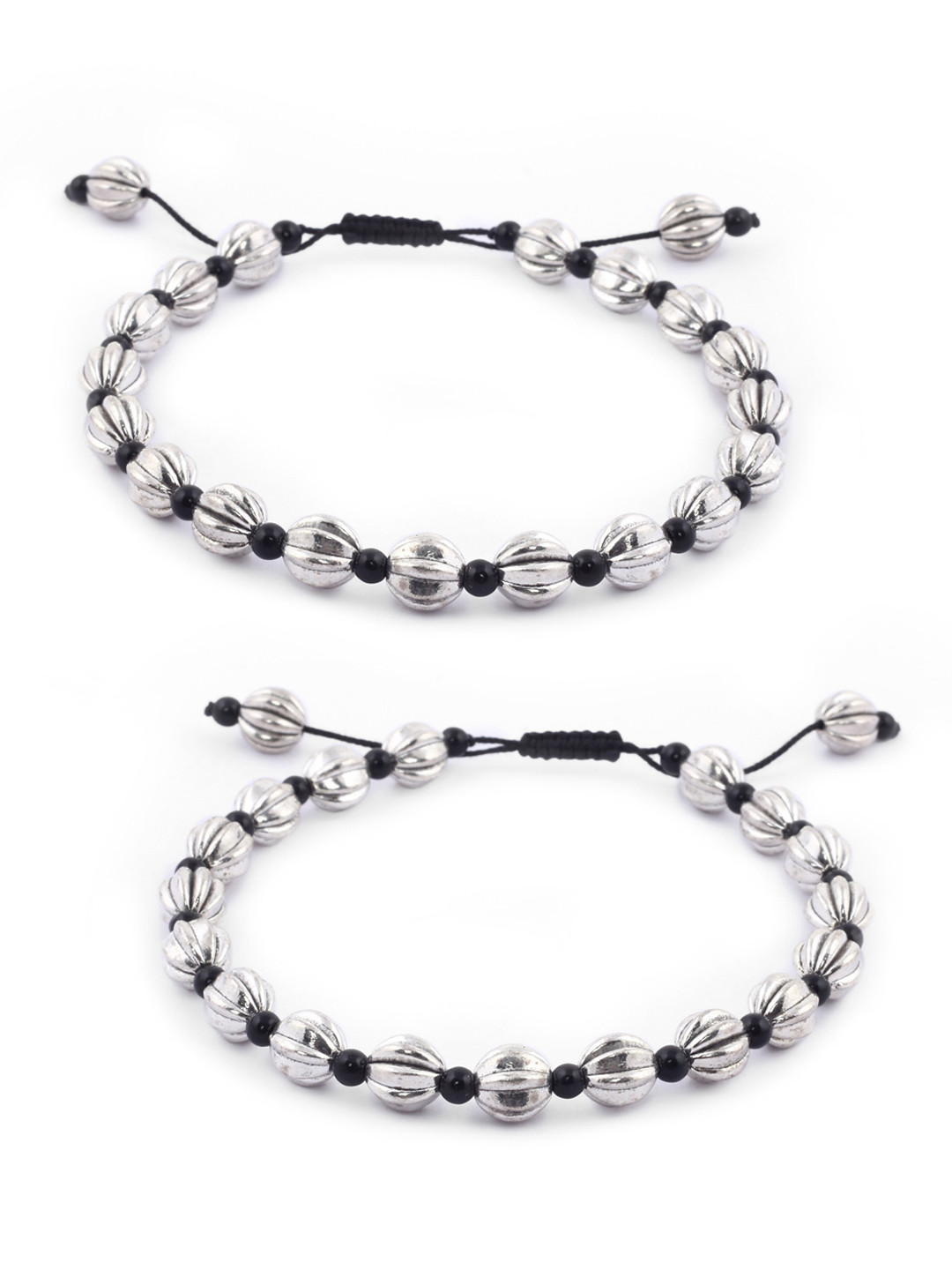 EL REGALO Set of 2 German Silver Black & Silver-Toned Beaded Anklets