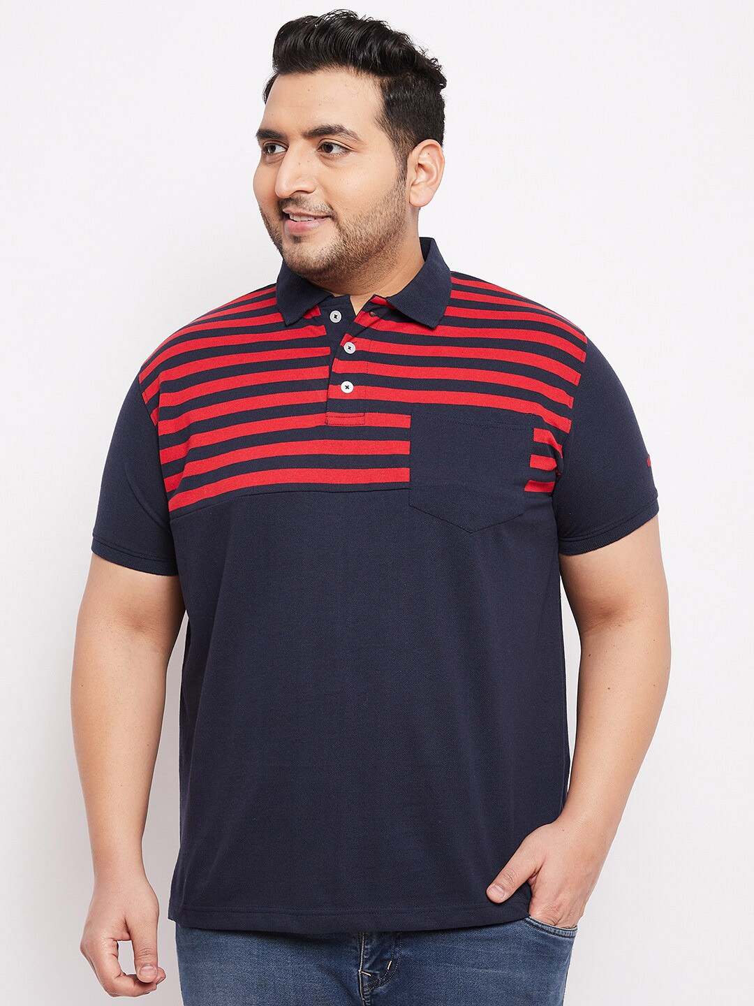 bigbanana Men Plus Size Navy Blue & Red Striped Polo Collar Bio Finish T-shirt