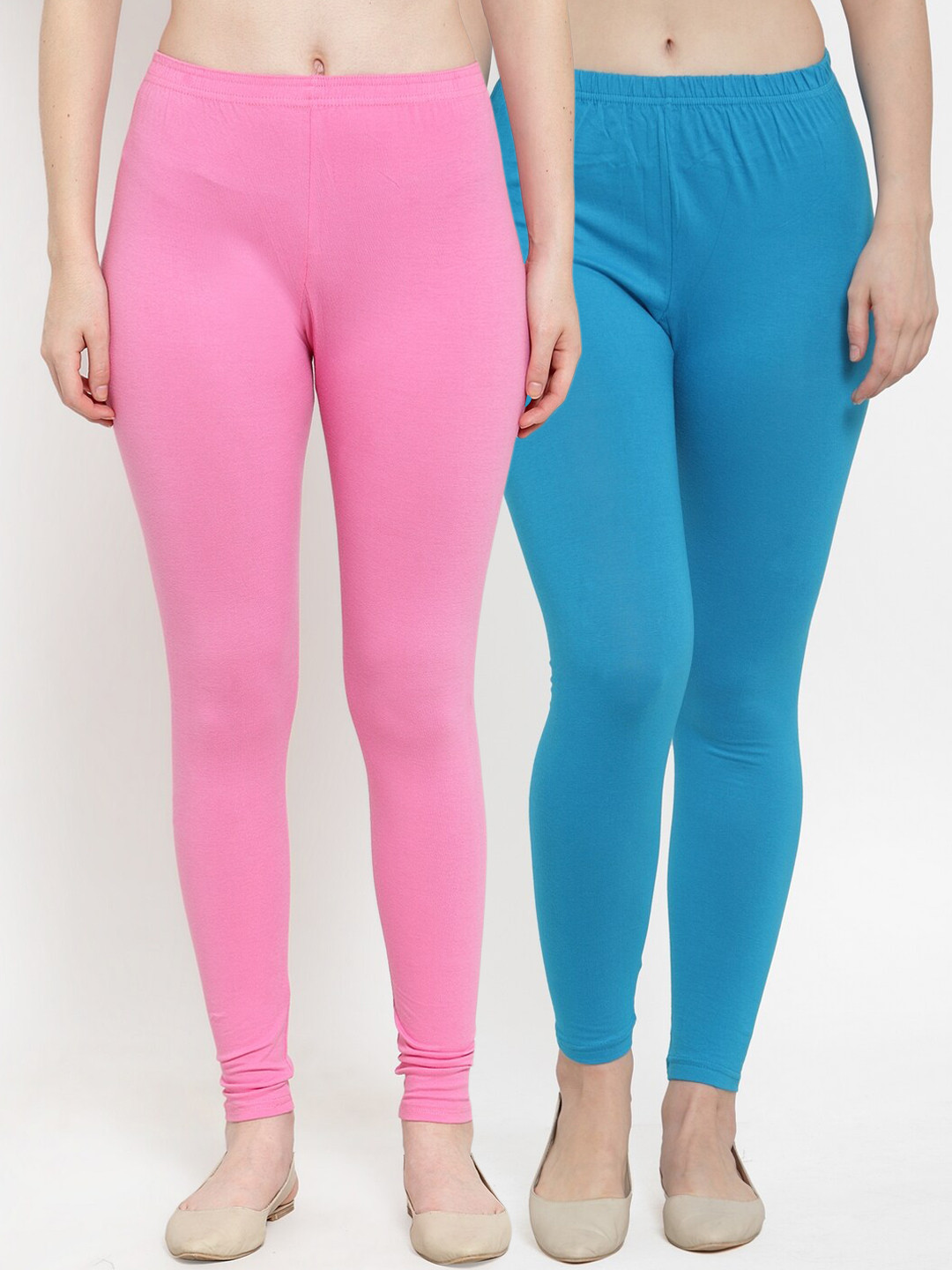 GRACIT Women Pack of 2 Solid Pink & Turquoise Blue Ankle-Length Leggings